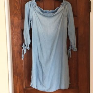Denim dress, worn off shoulder or loosely above